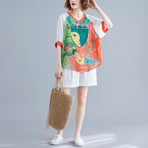 도오빠 포레상 여성 반팔 티셔츠 브이넥 블라우스 반팔티 오버핏 프린팅 얇은 여름 여자반팔티