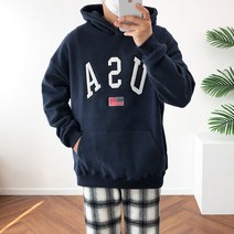 겨울 기모 USA 자수 레터링 루즈핏 후드 티셔츠 4color