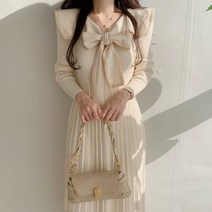 겨울원피스 롱 니트 시크하고 프랑스 스타일 선원 칼라 보우 레이스 업 니트 드레스 여성용 주름 장식 가을 겨울