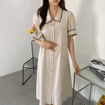 배색 카라넥 단추 린넨 면 반팔 롱 원피스 D33234C