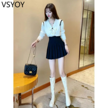 vsyoy 프랑스 고급 봄 정장 여성용 니트 탑 주름 치마 유행 세련된 연령 감소 착용