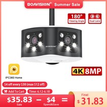 휴대용 와이파이 에그 포켓와이파이 BOAVISION 야외 초광각 파노라마 듀얼 렌즈 고정 IP 카메라 AI 인간 감지 보안 캠 4K 8MP 6MP 180 °, 3.6MP WIFI NO TF Card - AU 플러그