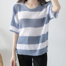 제니트 여성용 루즈핏 라운드넥 캐주얼 데일리룩 스트라이프 뮤리넓은단클 반팔 니트