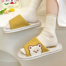 귀여운 린넨 사이드 곰돌이 룸슈즈 겨울 거실화 층간소음 실내 슬리퍼, 머스타드