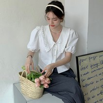 [핏 예쁜 플라우스] 브이넥 퍼프 리본 반팔블라우스