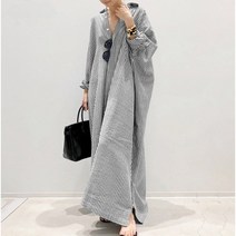 Crzen 린넨 스트라이프 원피스 루즈핏 빅사이즈 카디건 통근 원피스 23N12