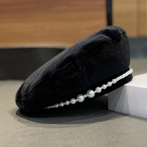 한과 진주 블랙 베레모 자녀 가을 겨울 패션 화가 모자 빈티지 패션 꽃봉오리 모자