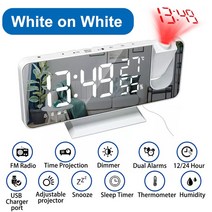 LED 디지털 프로젝션 알람 시계 FM 라디오 시간 프로젝터와 전자 침실 머리맡 음소거, White on White A_CHINA