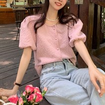 잇츠스타일 여성 라운드넥 퍼프 반팔 자글 주름 데이트룩 데일리 블라우스 티셔츠