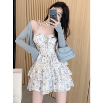 프렌치 플로랄 핑크 쉬폰 서스펜더드레스 봄원피스