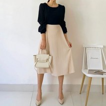 퍼니걸스 3895 플리츠 주름 뒷 리본 스트랩 배색 미디 원피스 여성의류