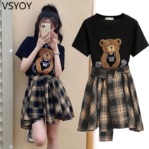 vsyoy 소금 튀김 거리 스커트 투피스 여름 패션 외국 곰 티셔츠 체크 무늬 주름 치마 정장 여성