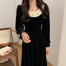 블링앤수 여성 라운드넥 벨벳 레이스 롱 원피스 KZZ816