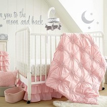 Levtex home Baby - Willow 아기 침대 세트 아기방 화이트 부드러운 로제트 핀턱 5피스 세트에는 퀼트 매트리스 커버 기저귀 스태커 벽 데칼 및 스커트/더스트, Pink