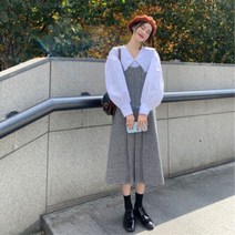 YAHOO 글렌 체크 뷔스티에 원피스 소프트 웨어 시크 카라 화이트 셔츠 멜빵
