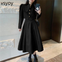 vsyoy 패션 나이를 줄이는 왕실 자매 연예인 우아한 투피스 슈트 여성용 가을 버블 슬리브 슈트 짧은 재킷 반쪽 드레스