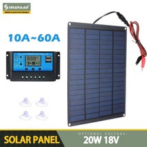태양열 충전기 방전방지 배터리 클립 및 60A 태양광 차량용 컨트롤러 20W 12V 18V 태양 전지 패널 야외 캠핑 하이킹 방수, China, With 60A Controller
