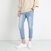 [데님공방] 남자 9부 논스판 테이퍼드핏 연청바지 스크래치 워싱 데님팬츠