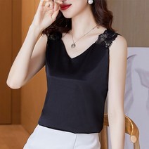 JUSTFEELING 빅사이즈 오버핏 블라우스 브이넥 심플 민소매 슬림 레이스 여성 티 셔츠 3color