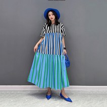 XITAO 스트라이프 원피스 루즈핏 트렌디한 봄 큰 밑단 여성 O넥 반팔 원피스 여름 심플한 ZY7323