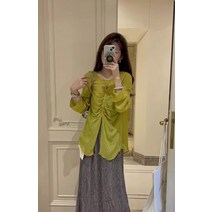 브이넥 셔링 트임 얇은 긴팔 티셔츠 여여름 루즈핏 날씬해보이는 서양풍 래쉬가드 셔츠 블라우스