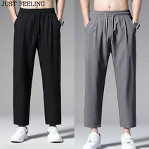 JUST FEEL!NG 1+1 여름 남성 허리 밴딩 9부 와이드 바지 링클프리 아이스 쿨냉감 운동 속건 빅사이즈