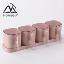 MOHEGIA 조미료 항아리 세트 조미료 항아리 주방 용품 뚜껑 조합 소금 냄비 조미료 가정용 보관 상자, 핑크 (광장), 4-구획 조미료 상자 (4 스푼)