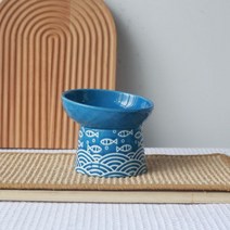 댕댕냥냥 고양이 그릇 세라믹 높은 발 목 보호대 일본 작은 물고기 비스듬한 먹이 분지 개 검은 물 그릇675308057493, 사파이어 블루_도자기 그릇