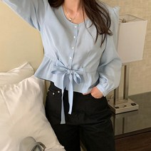 라라벨 여성용 블라우스 루블 라운드 리본 스트랩 셔링 로맨틱 블라우스