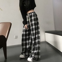 Biyaby-캐주얼 체크무늬 바지 10 대 여성용 스트레이트 웨어 힙합 와이드 레그 팬츠 가을