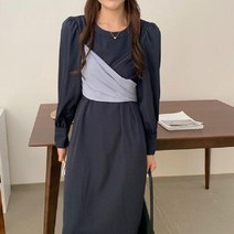 랩 배색 퍼프 롱 원피스 네이비 셔링 드레스 크로스