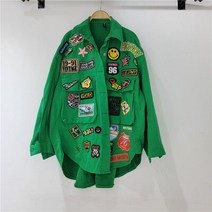 수소수생성기 알칼리비대칭 데님 자켓 여성 Streetwear 패션 배지 자수 청바지 포켓 옷깃 느슨한 코트 202, 01 green_01 싱글 사이즈