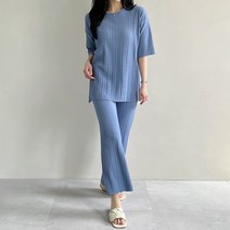 에스미 고급진 주름 플리츠 반팔 라운드넥 밴딩 와이드팬츠 상하의 세트