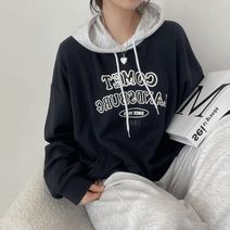 반인찌 코멧 루즈핏 배색 레터링 여자 오버핏 봄 후드 티셔츠-4color