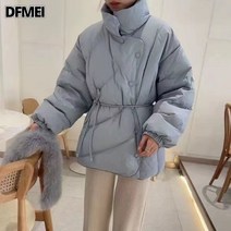DFMEI 유니 스노우 폭스 넥 워머 패딩 여 숏 허리 스트링 코트