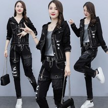 봄 2022 년 새로운 한국 패션 브랜드 여성 캐주얼 패션 성격 튀김 스트리트 데님 정장 여성 봄 투피스 세트, 4 조각 세트 (재킷, 조끼, 바지 벨트), L