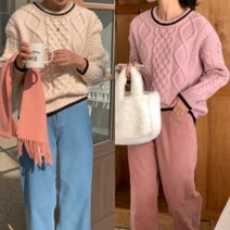 피셔맨니트 울 꽈배기니트 배색 미리내 루즈핏 여성 도톰 세미크롭니트