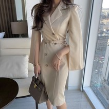 런메시 Runmecy 여성 봄 더블 여밈 슬림 워크 트렌치형 원피스
