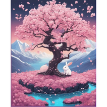 DIY캔버스페인팅 벚꽃나무 흰토끼 물감 명화따라그리기 후지산 귀여운 래빗 계묘년 토끼의 해 행운 사랑 넘치는 피포페인팅 가게오픈 집들이선물 액자프레임포함 24색, 세로형-40*50cm, 그리그 선택6-벚꽃나무 흰토끼