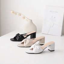 프리티슈 여성 6cm 미들굽 데일리 리본장식 뮬샌들 슬리퍼힐