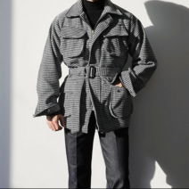 남자 가을 겨울 하운드 체크 사파리 야상 벨트 포켓 필드자켓 블랙 1컬러 로코룩