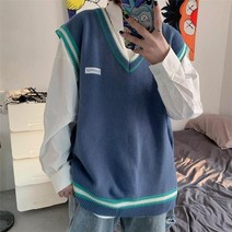 가을니트조끼 아가일 꽈배기 오버핏 베스트 남자 니트 조끼 가을 넥 스웨터 민소매 탑 세련된 스트리트 솔리드 컬러 풀오버 와일드 스웨터