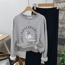 상상그이상 여성용 국내제작 특양면 소재 코프 반크롭 맨투맨 귀욤가득 프린팅 포인트 티셔츠