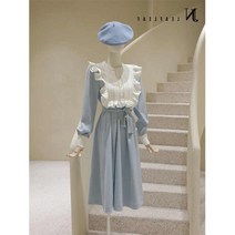 프렌치 원피스 긴팔 고급스러움 블루 프리미 봄가을 햅번풍