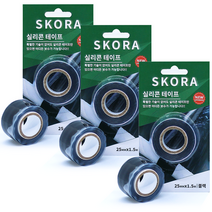 SKORA 실리콘 전기 절연 테이프 블랙 25mm x 150cm, 3개입