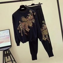 Mayfox 여성 골드 벨벳 트레이닝 세트 빅 사이즈 긴팔 자수 맨투맨 JHJ