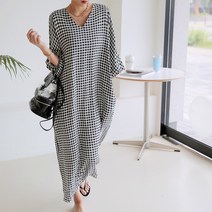 하이데일리 빅사이즈 가오리 체크 린넨 롱 원피스