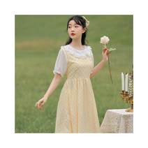 와이케이하우스 모델 리얼 샷 2021 년 여름 신제품 달콤하고 나이를 줄여주는 작은 상큼한 반팔 체크 무늬 미디 드레스 6132_70284