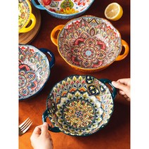 빈티지 그릇 보헤미안 터키풍 세라믹 오븐 접시 양손잡이 국수 라면 우동 깊은 플레이트, 블루