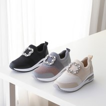 프리티슈 사각 큐빅 스판 밴딩 패브릭 에어 쿠션 여성 캐주얼 슬립온 스니커즈 4cm